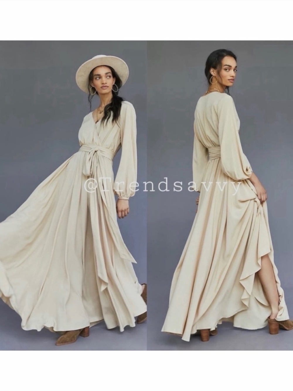 Erika Pena Cream Wrap Maxi Dress Anthropologie Bohemian Wedding Guest Resort